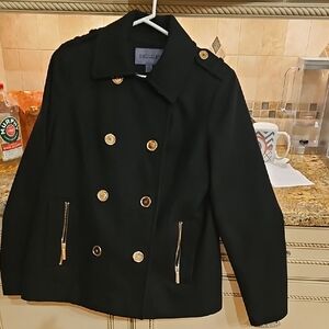 Women Size Medium Brombley Black Double-Breasted Pea Coat w/Gold Buttons  New